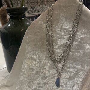 Silver Double Chain Necklace with Blue Pendant